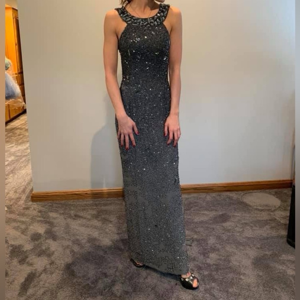 Elegant Gray/Gunmetal Beaded Evening Gown